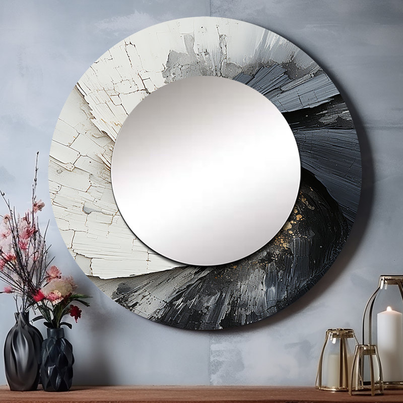 Saundria contrastant harmonie III - miroir spirales abstraites, miroir mural rond beige unique, art imprimé en métal