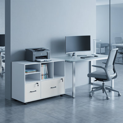 Classeur blanc 42,5 po à 2 tiroirs, classeur latéral verrouillable avec tablettes ouvertes, support à imprimante pour bureau à domicile