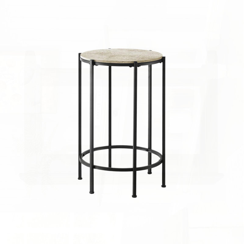 Round Accent Table with Cream Stone Laminate and Black Metal Legs, Cream Top/Black Base