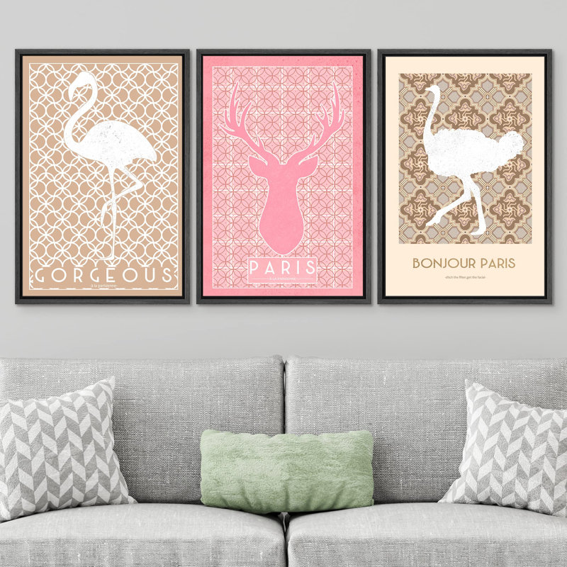 Animals " Paris Deer Flamingo Ostrich Pattern Animals Illustration Modern Art Rustic Group Whimsical " 3 - Pieces, Noir