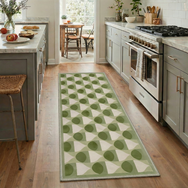 Abdellah Geometric Machine Washable Green / Beige Indoor Area Rug with Non-Slip Backing, Runner 2' x 6'