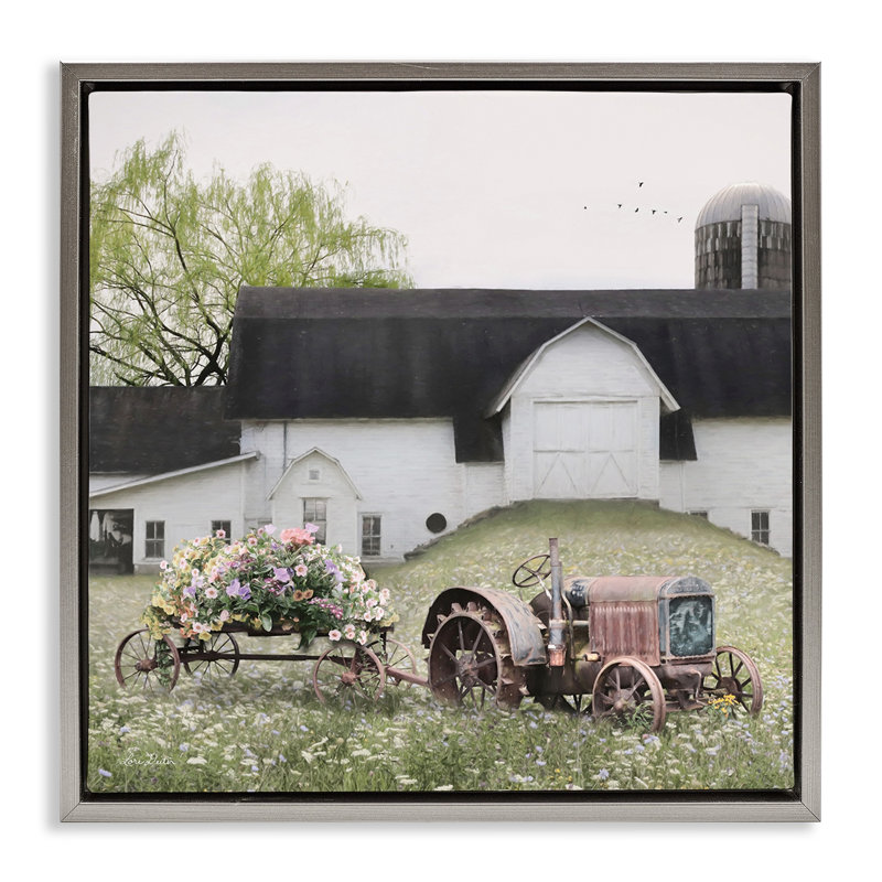 Tracteur floral dans un champ de ferme, Cadre flottant gris lustré, H 18 po x l 18 po