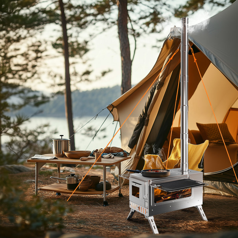 Outdoor Camping Tent Wood Burner Stove With 7 Chimney Pipes Backyard Stove