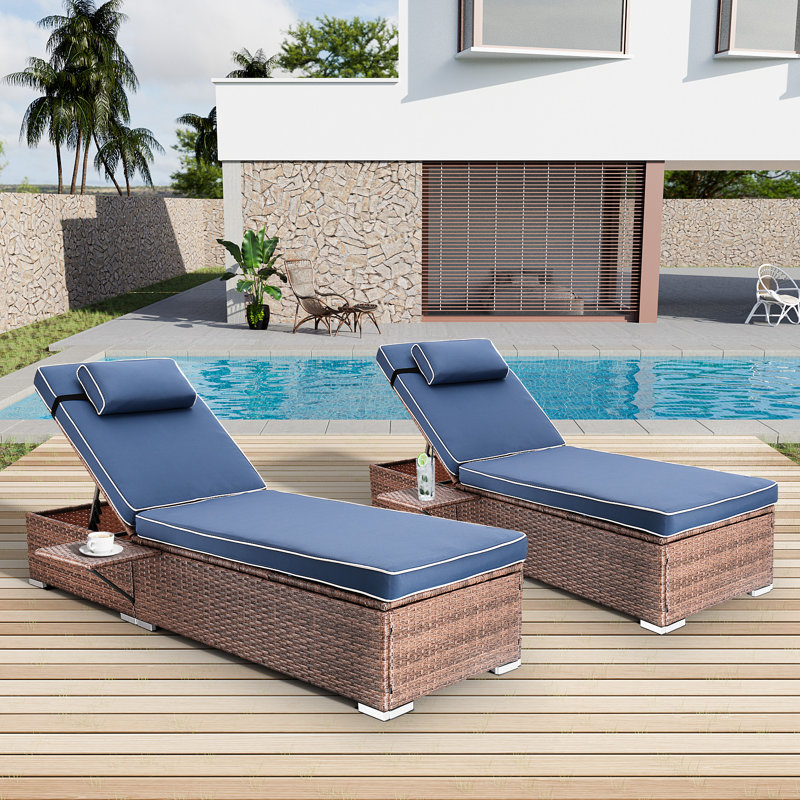 Outdoor Wicker Chaise Lounge Set Patio Reclining Chaise With Side Table And Cushions, Navy