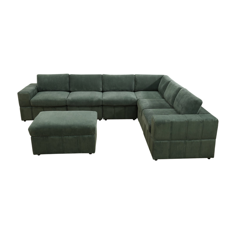 130" Wide 7- Piece Premium Corduroy Reversible Modular Living Room Sectional Sofa With Ottoman, Green Corduroy
