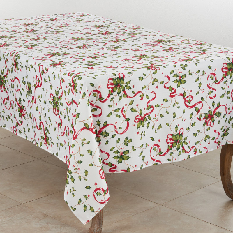 Kellar Holly and Ribbon Design Christmas Tablecloth, 104" x 60"