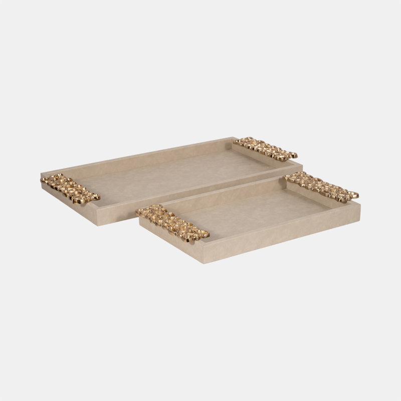 Ivory/Gold Wood Rectangle Decorative Tray