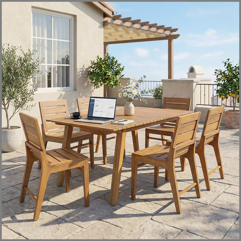 7-Piece Outdoor Dining Set, 69" Solid Wood Dining Table & 6 Acacia Wood Dining Chairs with Teak Finish, Ergonomic Curved Back, Weather Resistant for Garden, Backyard, Patio