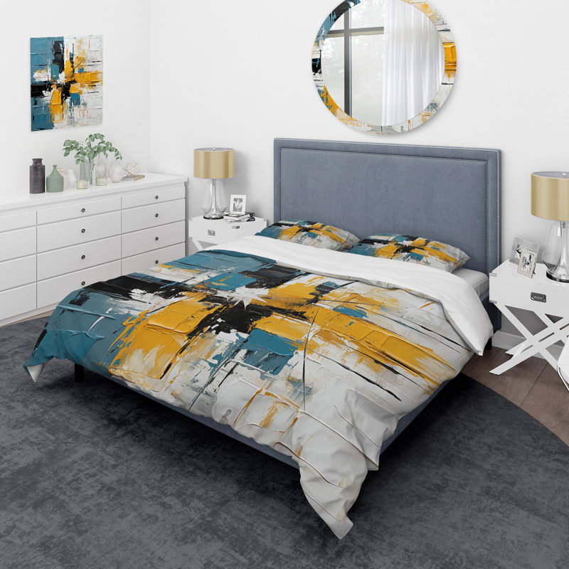 Peinture bleue et jaune Elegance I - Ensemble de housse de couette abstrait, Housse de couette pour très grand lit