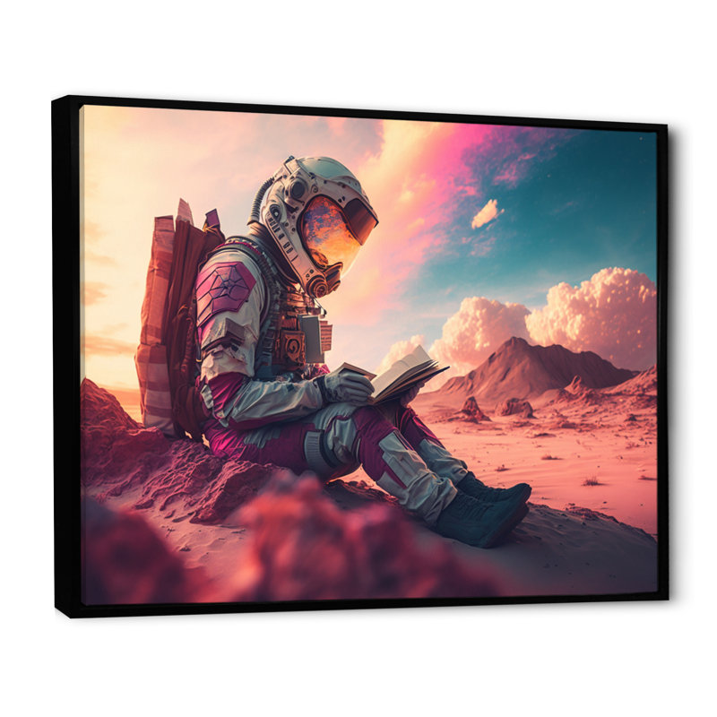 Astronaut's Cosmic Reading II - Space, reproduction d'art sur toile, Cadre noir, H 16 po x l 32 po x P 1 po