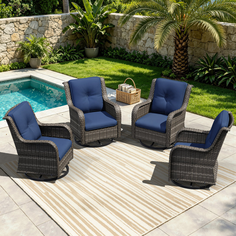 Ivandell Outdoor Wicker Swivel Rocking Chairs (Set of 4) with Olefin Cushions, Blue