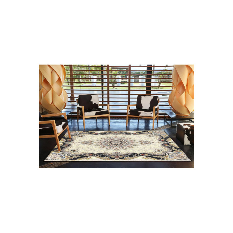 Tapis décoratif crème crème à motif tissé moderne lavable à la machine, Sous-tapis rectangulaire de 3 pi 3 po x 4 pi 11 po