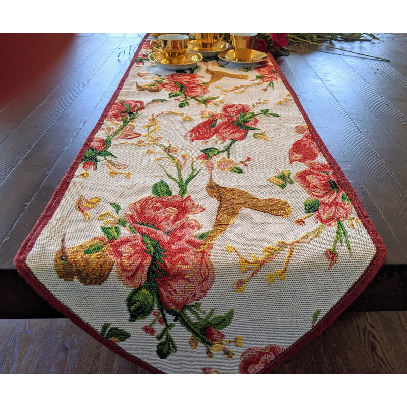 Bagby Red Roses And Birds Floral Table Runner, 90" L x 13" W