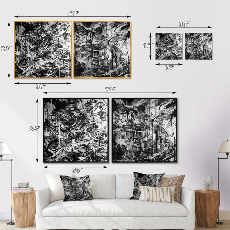 Graffiti noir et blanc - Ensemble de 2 collages carrés à formes abstraites, Cadre flottant doré, H 36 po x l 73 po