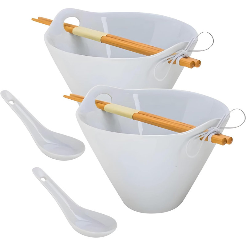 Ensemble de bols à nouilles Ramen avec baguettes en bambou et cuillère en céramique pour soupe, salade, pho, Udon, fruit (bol en porcelaine de 40 onces) - blanc - paquet de 2