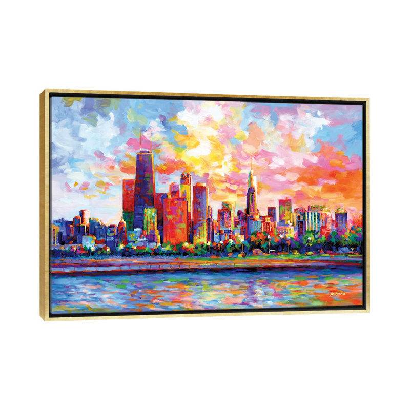 Chicago Skyline by Leon Devenice iCanvas, 32" H x 48" W x 1.5" D, Gold Floater Frame Canvas