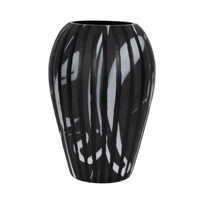 Striped Tall Glass Vase for Table Home Decor - Black and White Flower Statement Vase for Living Room Styling and Decorative Display - Black & White