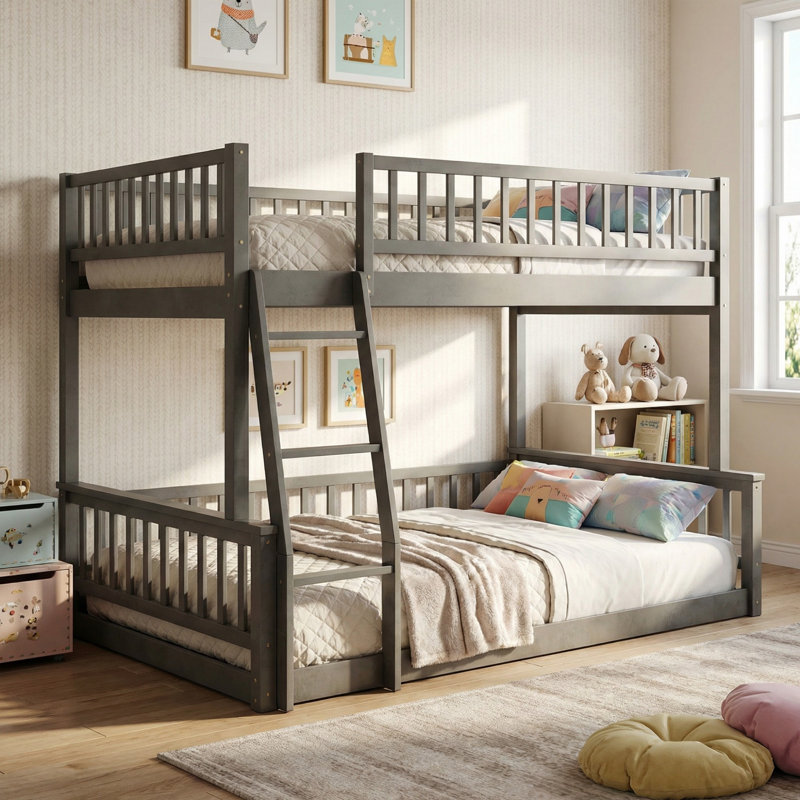 Solid Wood Full XL Over Queen Bunk Bed with Ladder and Guardrails for Bedroom, Gray