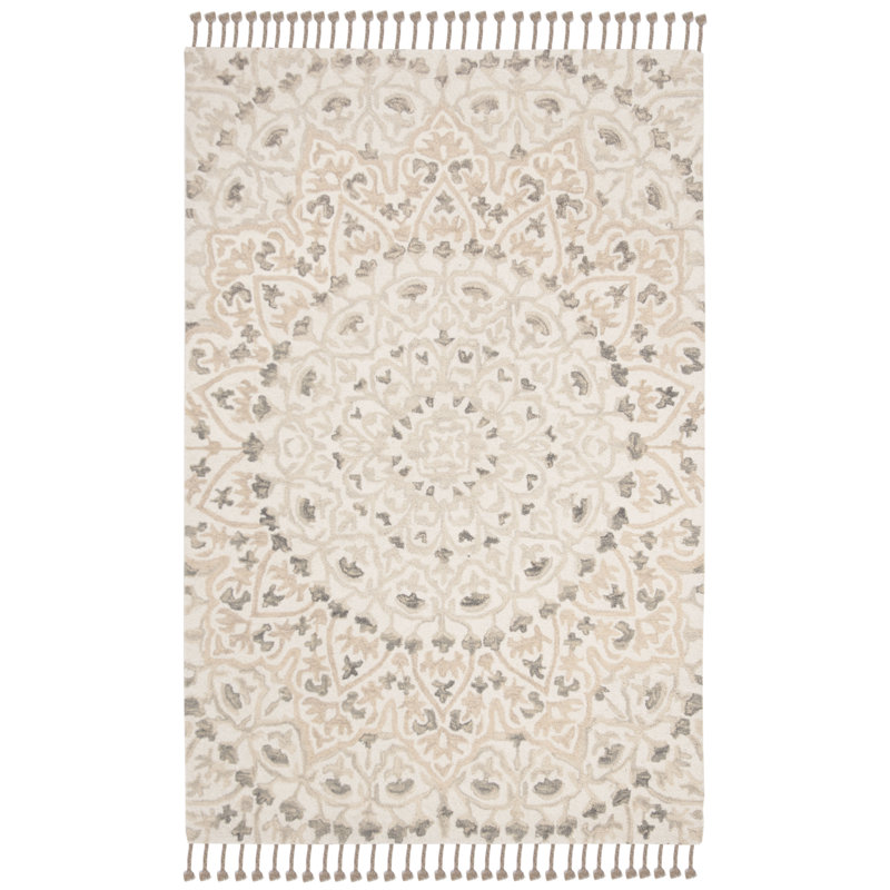 Jahiem Floral Handwoven Wool Area Rug in Ivory/Taupe, Rectangle 3' x 5'