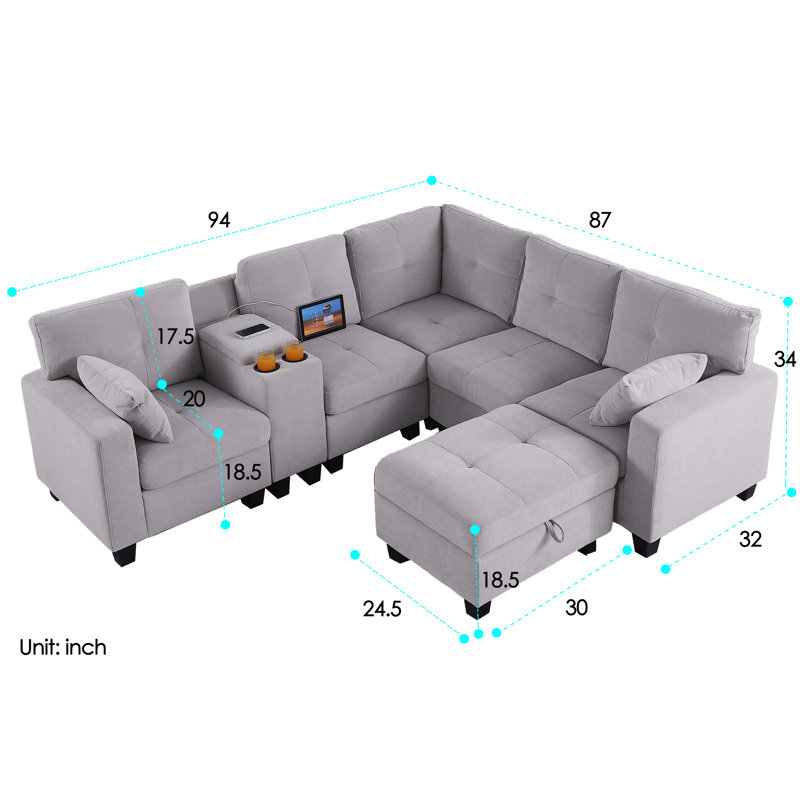 Canapé modulaire rembourré moderne avec repose-pieds, Mélange de polyester gris clair