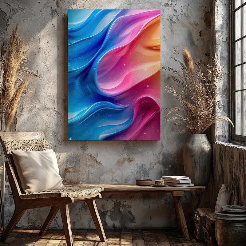 Toile, composition abstraite vibrante avec des vagues tourbillonnantes fluides de couleur, art mural dans des tons de bleu, rose et orange