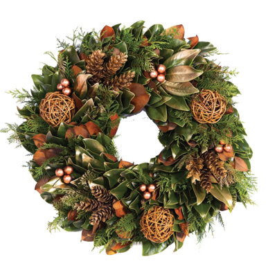 American Plant Exchange Live Fresh Cut Wreath - Champagne Celebration  – 18-Inch Handmade Magnolia, Cedar, Spruce, Willow Balls, and Gold Holiday Door Décor