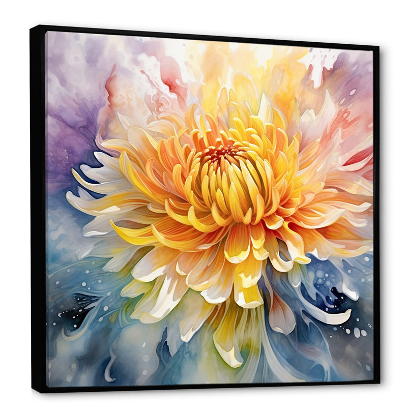 «Modern Blue and Yellow Chrysanthemums - Chrysanthemums», impressions d'art mural, H 24 po x l 24 po, Cadre flottant noir