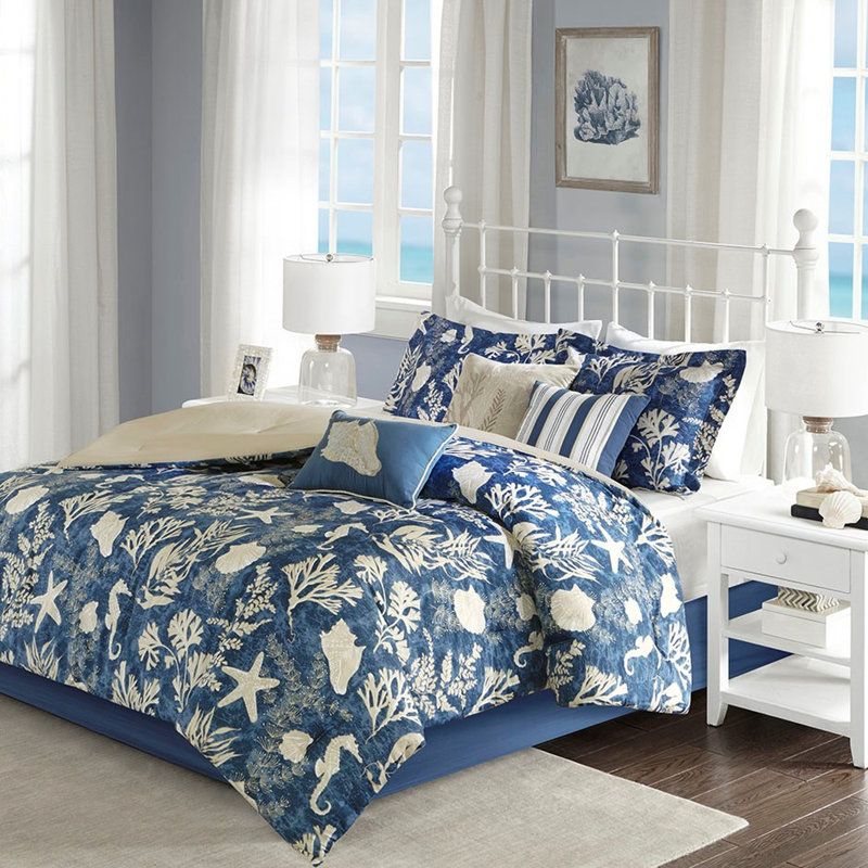 Édredon Cape 7 - coton bleu très grand, charmantes taies décoratives assorties et décorations océaniques incomparables