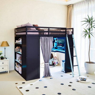 Full Size Loft Bed With Built-In Desk & Wardrobe