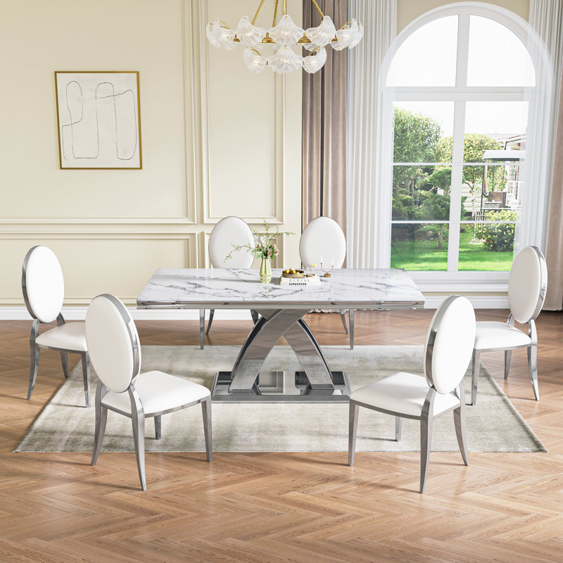 White Modern Faux Marble Top With Double X Mirrored Pedestal Base Dining Table Set, 7 Pieces: Table, 6 Chairs, White/Silver