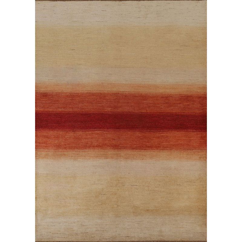 Striped Hand-Knotted Rectangle 6'6" x 8' Wool Area Rug in Beige/Red