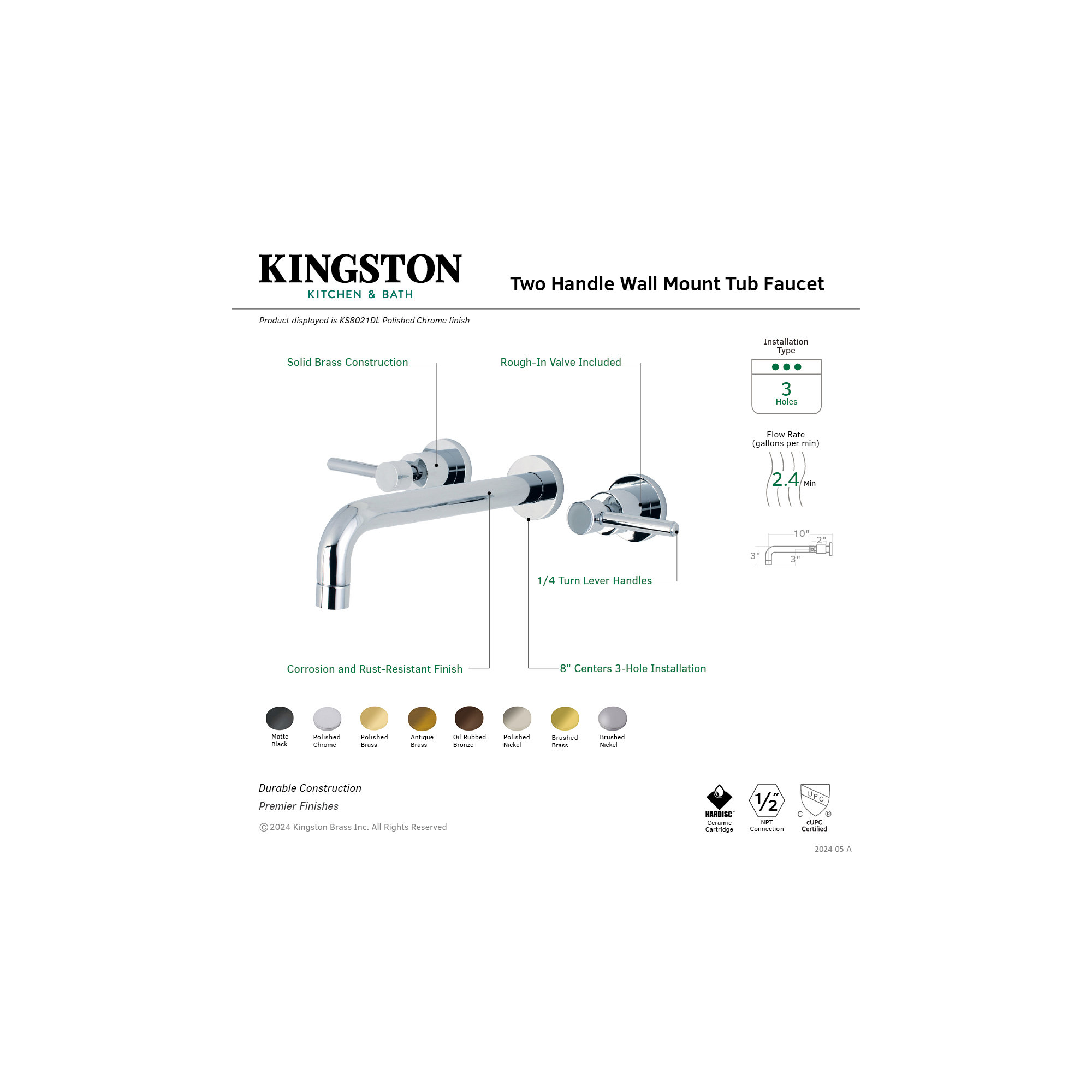 Kingston Brass Concord Two-Handle 3-Hole Wall Mount Roman Tub Faucet, Lever Handle, Matte Black