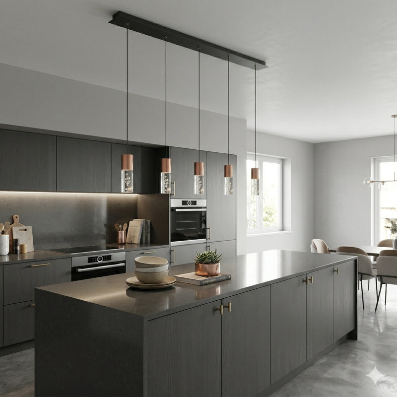Luminaire suspendu linéaire à 5 lumières pour îlot de cuisine Andromedae, Cuivre