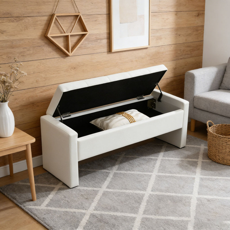 Modern Bed End Bench with Storage, Beige