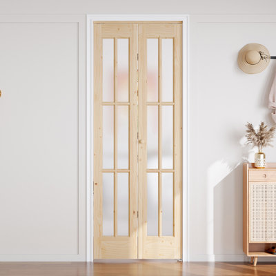 Unfinished Solid Wood Glass Bi-Fold Door With Installation Hardware Kit