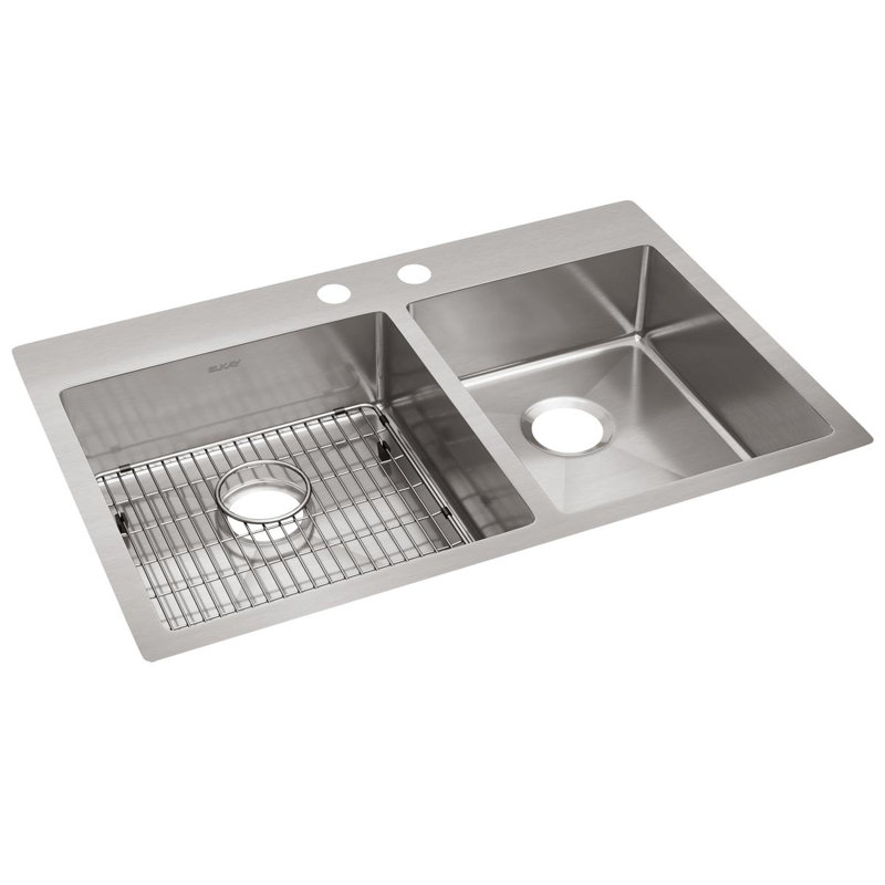 Crosstown Stainless Steel 33" L x 22" W Double Basin Dual Mount Kitchen Sink, 2 Hole, Design 1