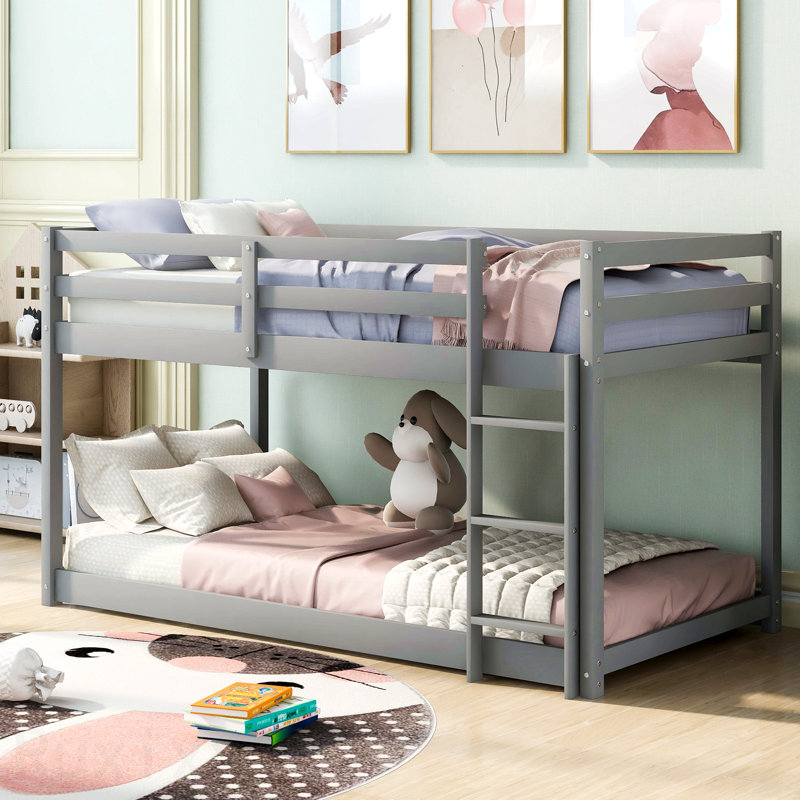 Lit superposé simple au-dessus d'un lit simple avec échelle, gris, Grey