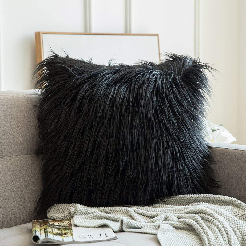  Housse de coussin carrée en fausse fourrure, Noir