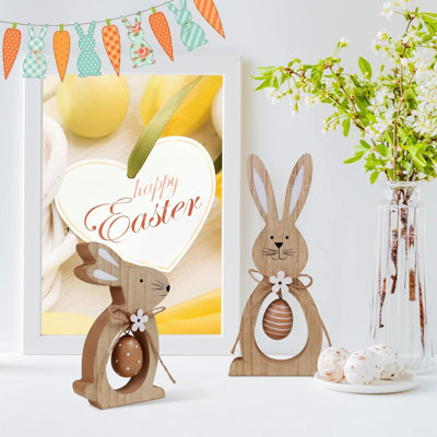 2Pcs Easter Decorations For The Home Farmhouse Rustic Wooden Bunny With Egg Easter Tiered Tray Decor Happy Spring Decoration For Indoor Home Party Easter Tabletop Decoration Easter Gifts For Kids