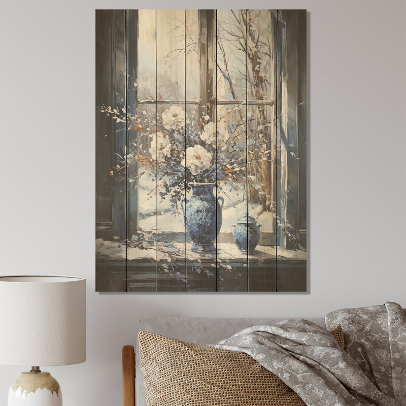 Blanc et bleu, fenêtre d'hiver, nature morte I - Paysage d'hiver sur bois, H 32 po x l 24 po