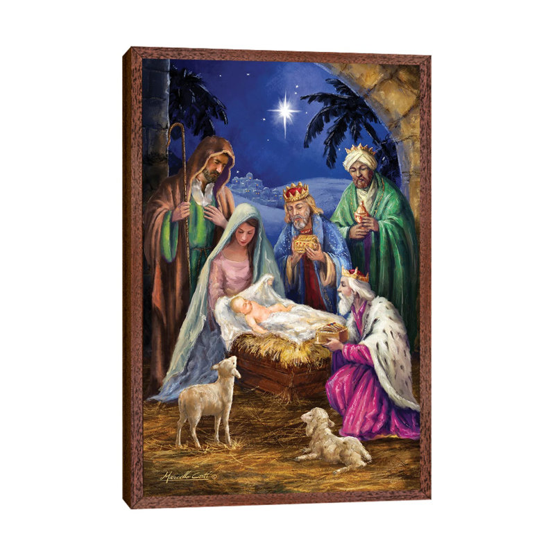 Holy Family With 3 Kings by Marcello Corti - Print, Classic Brown Wood Framed, 101.6 cm H x 66.04 cm W