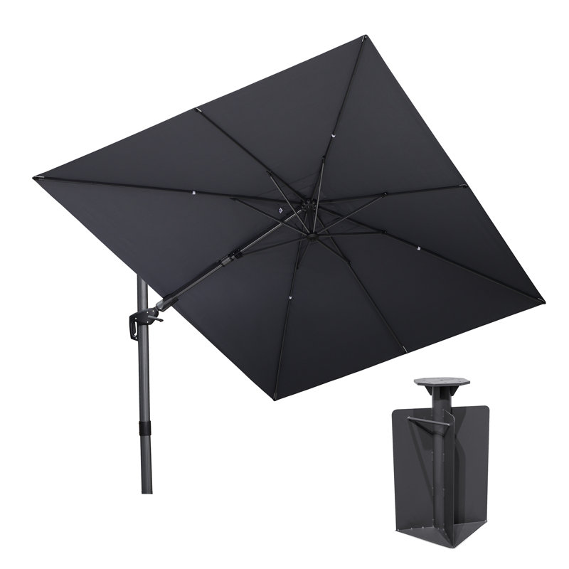 Parasol carré en porte-à-faux gris clair 9 po x 12 po avec base au sol et contrepoids à manivelle inclus, Gris clair