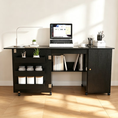 Table de machine à coudre pliable de 57,5 po avec roulettes verrouillables, station de bricolage avec tablettes, bacs et armoire, armoire de couture réglable / bureau pour la maison, la chambre à coucher et la salle de bricolage (noir)