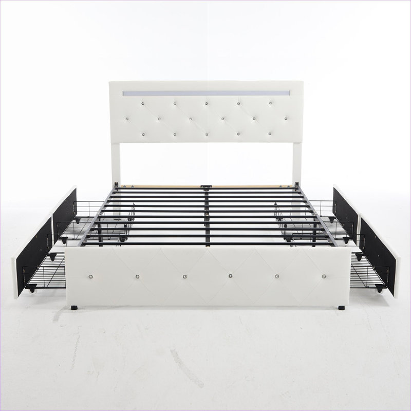 Upholstered Faux Leather Platform Bed, Queen Size Storage Bed with Adjustable Headboard and LED Lighting, white finish