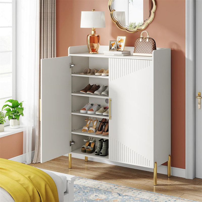 35.43 Inches White & Gold 6-Tier Entryway Shoe Storage Cabinet With Doors, White