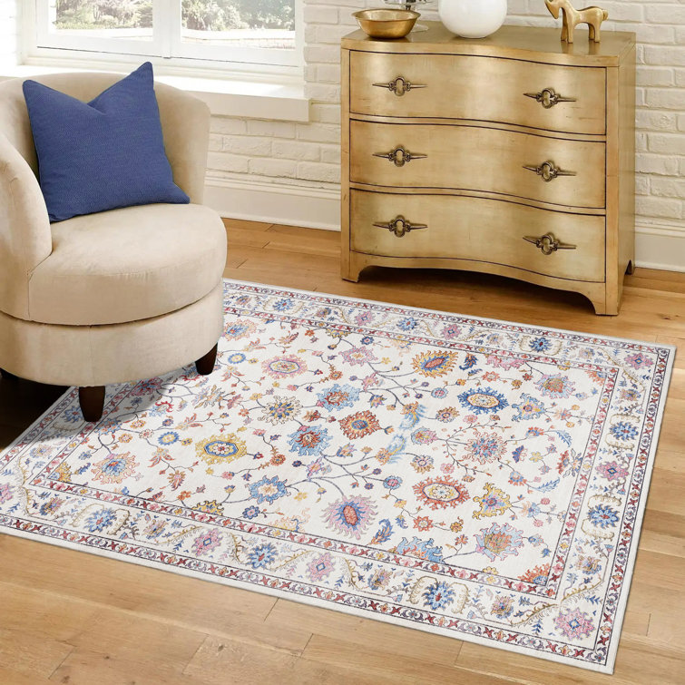 Cullen Machine Washable Floral Border Ivory Samira Cream Pink Multi Indoor Area Rug, Transitional Flat Pile for Living Room & Bedroom