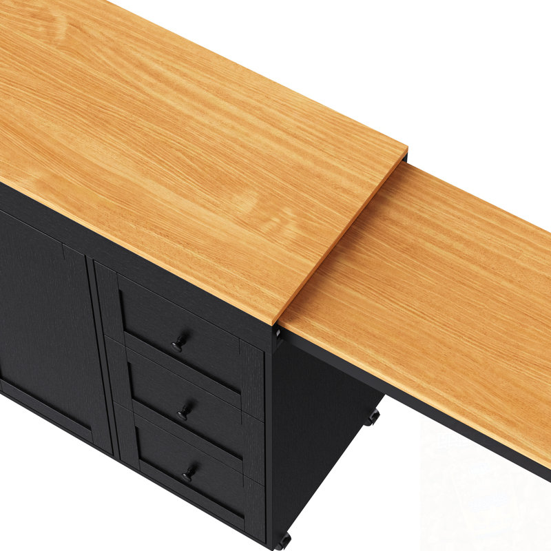 Îlot de cuisine avec table de salle à manger extensible, 3 tiroirs et prise de courant, Noir