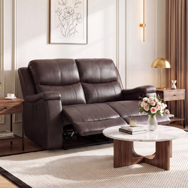 Causeuse inclinable manuelle en similicuir de 61 po Emony, Similicuir brun en microfibre