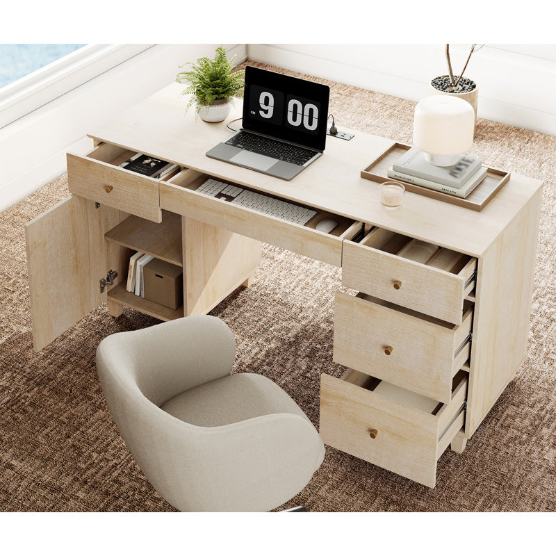 58" Executive Desk With 4 Drawers And 1 Door, Modern Farmhouse Home Office Computer Table With Charging Station, Keyboard Tray