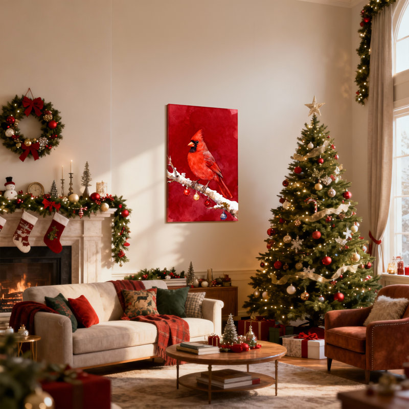Cardinal rouge de Noël sur une branche enneigée avec ornements, ensemble de 3 impressions sur toile, H 18 po x l 12 po